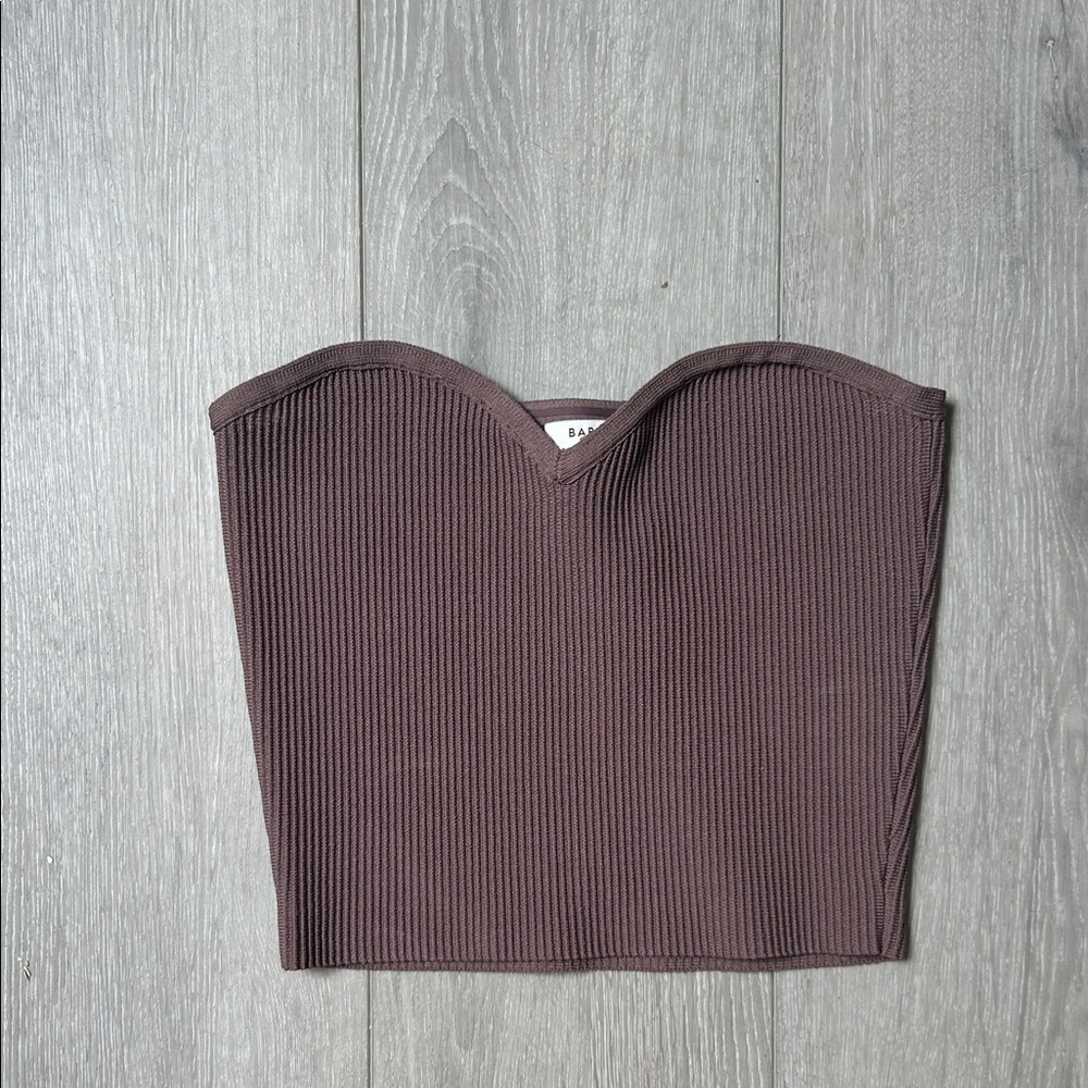 Babaton deep mauve  Ribbed Strapless Crop Top